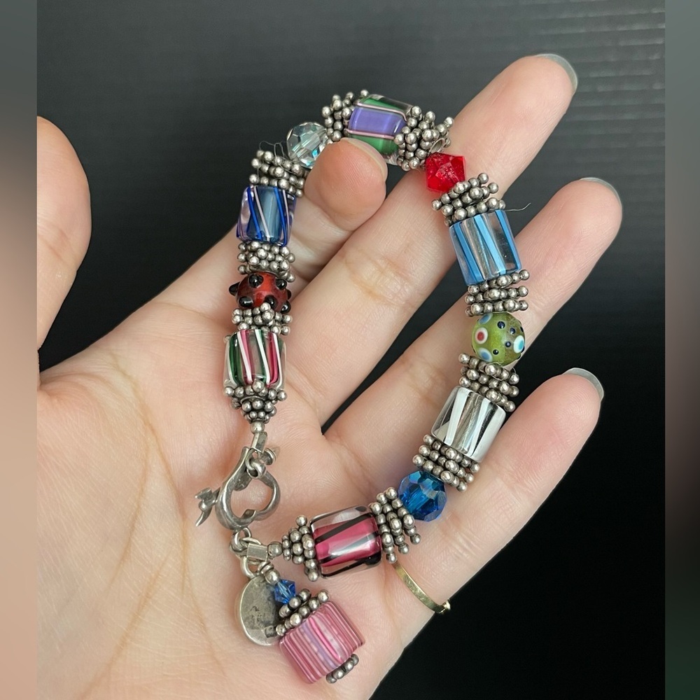 Sterling silver rectangle glass charm colorful bracelet - Picture 3 of 6